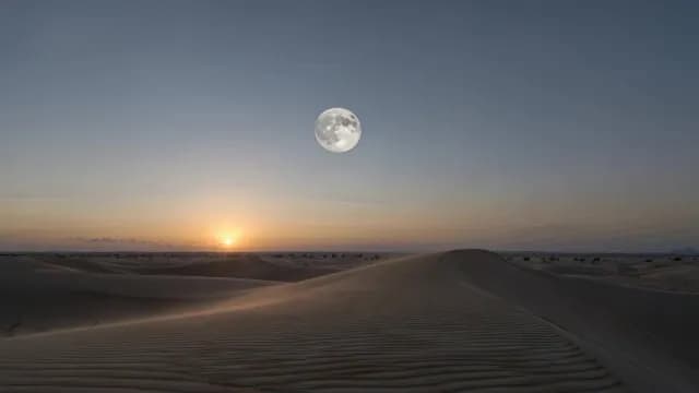 Cinematic Desert Sunset with Full Moon over Windswept Sand Dunes