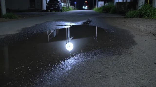 Night Street Puddle Reflection of Glowing Moon on Asphalt Road