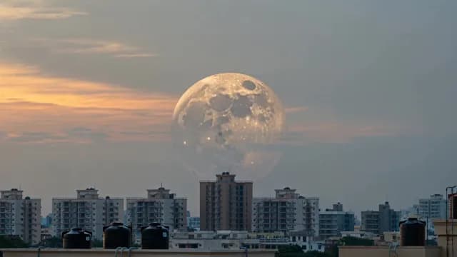 Giant Supermoon Rising Over Urban City Skyline at Twilight