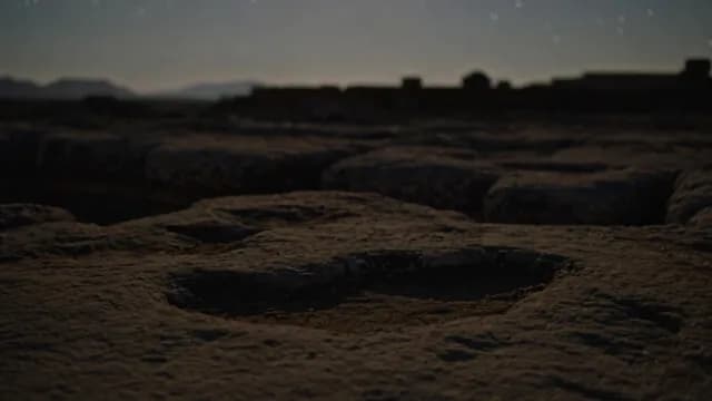 Cinematic Night Landscape of Rugged Desert Terrain Under Moon and Stars