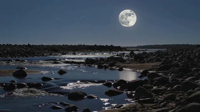 Full Moon Over Rocky River Stream at Night