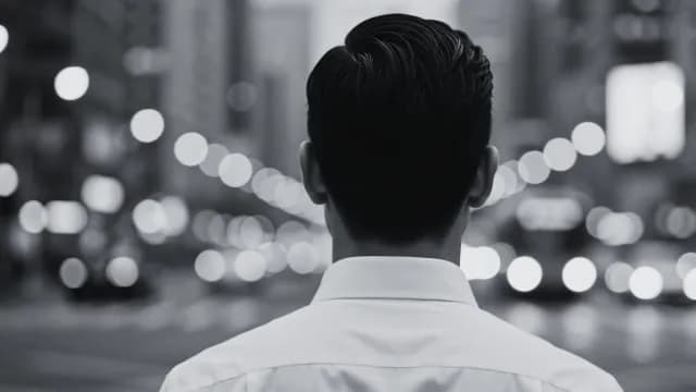 Rear View of Businessman Gazing at Night City Lights
