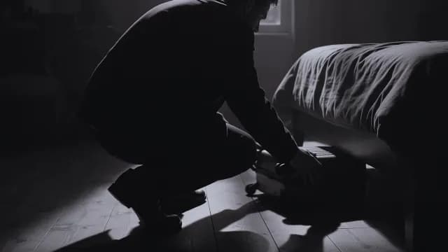 Man Hiding Suitcase Under Bed in Darkened Bedroom Silhouette