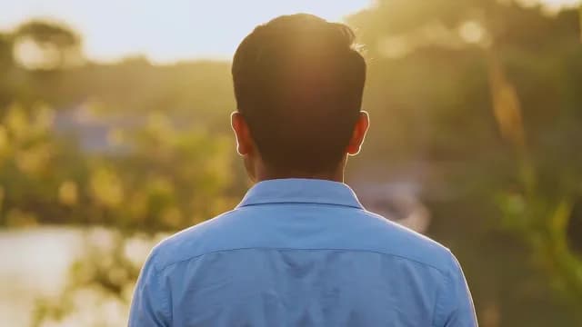 Man Watching Golden Sunset Over Scenic Landscape