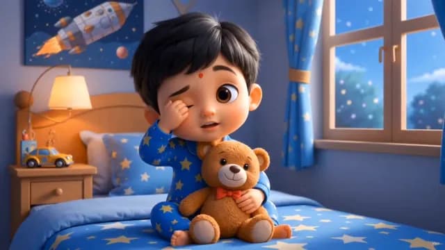 Cute Sleepy Toddler Rubbing Eyes with Teddy Bear in Cozy Bedroom