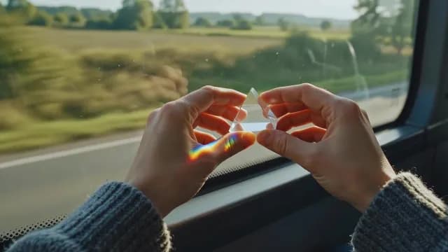 Glass Prism Creating Rainbow Light on Hands During Train Travel