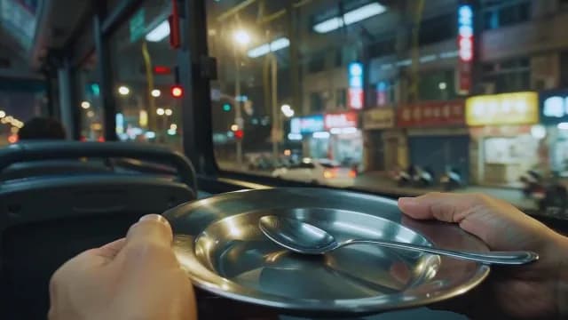 Person Holding Empty Metal Plate on a Public Bus at Night