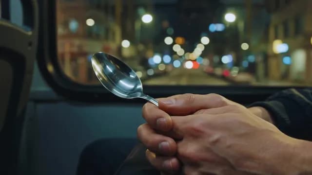 Close-Up of Man Holding a Spoon on a Night Bus Trip
