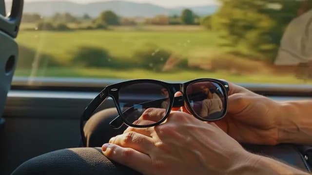 Passenger Holding Sunglasses During a Scenic Bus Ride at Golden Hour