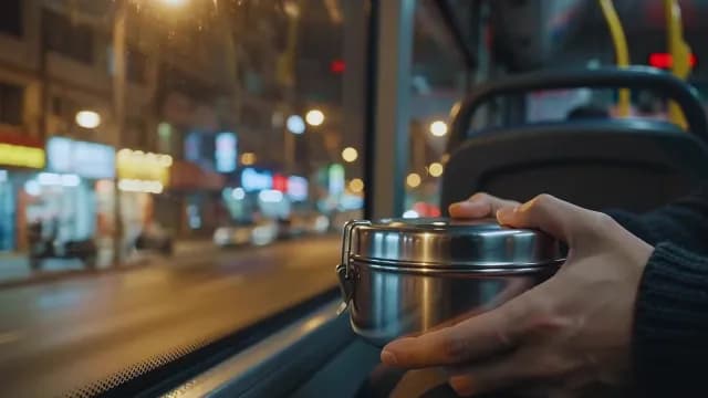 Commuter Holding Stainless Steel Lunch Box on Public Bus at Night