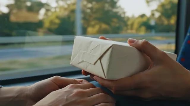 Hands Exchanging a Wrapped Gift During a Scenic Bus Journey