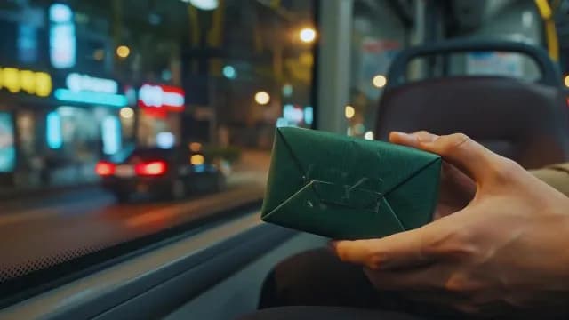 Commuter Holding a Small Green Wrapped Gift on a Bus at Night
