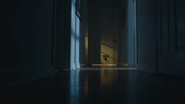 Cinematic Dark Home Hallway with Eerie Shadows and Light