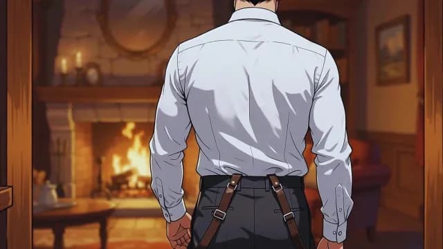 Anime Man in Dress Shirt Standing Before a Warm Fireplace