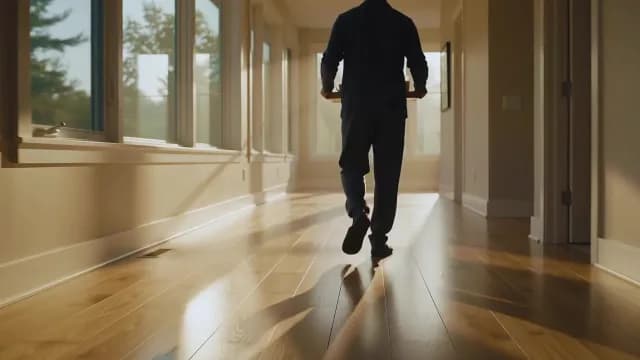 Man Carrying Tray Down Sunlit Hallway in Modern Home