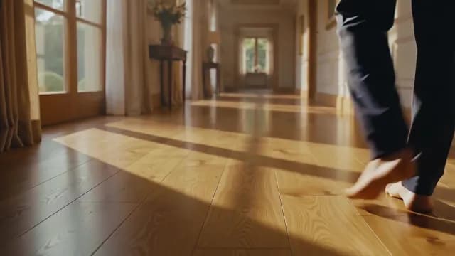 Barefoot Person Walking on Polished Wood Floor in Sunlit Luxury Home