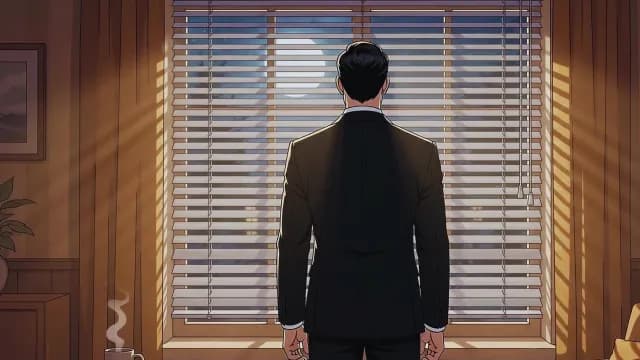 Man in Suit Looking Out Window at Night Anime Illustration