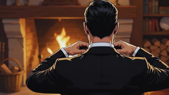 Animation of a Man in a Tuxedo Adjusting His Collar by Fireplace