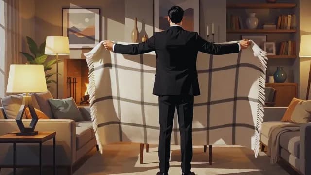 Businessman Holding Plaid Blanket in Cozy Living Room with Fireplace