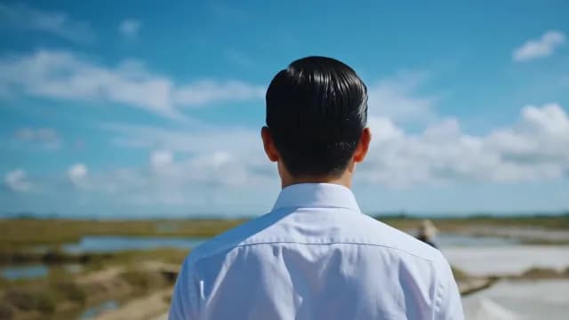 Man in White Shirt Looking at Salt Pan Landscape