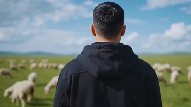 Man Looking at Sheep Grazing in a Vast Green Meadow
