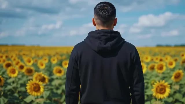 Rear View of Man Looking at Vast Sunflower Field
