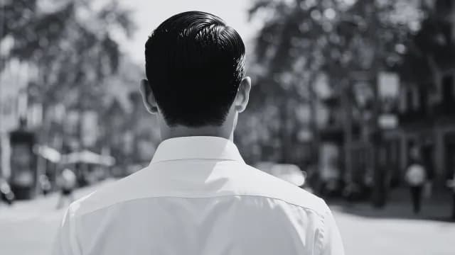 Rear View of Elegant Well-Groomed Man Walking on Sunlit City Street