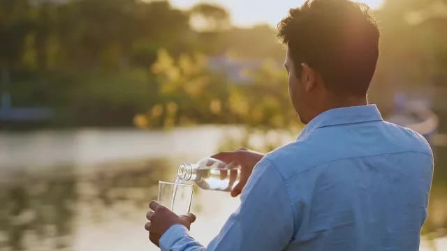 Man Pouring Fresh Water into Glass at Sunset near Lake