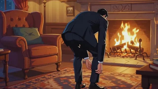 Stylish Animated Man in Formal Suit Adjusting Clothing by Cozy Fireplace