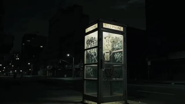 Illuminated Graffiti Covered Phone Booth on Dark Urban City Street