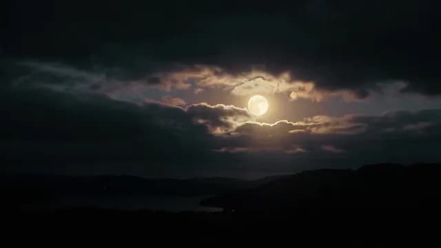 Bright Full Moon Shining Through Dark Dramatic Clouds at Night
