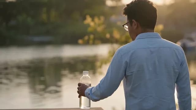 Young Man Holding Water Bottle by Calm Lake at Sunset