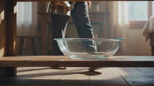 Clear Glass Bowl on Rustic Wooden Table with Warm Morning Light