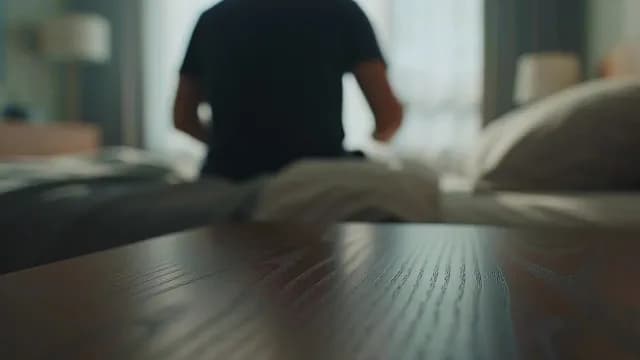 Man Sitting on Bed Edge in Quiet Morning Bedroom Scene