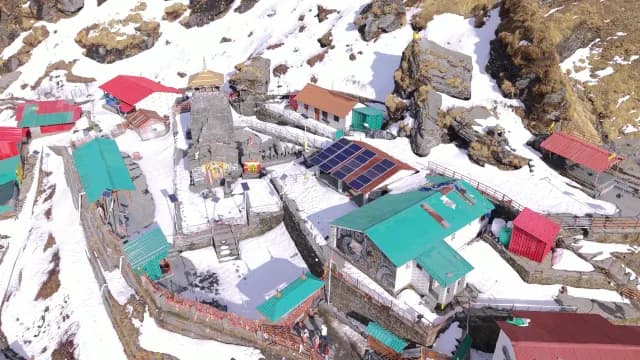 Aerial View of Tungnath Temple in Chopta Uttarakhand Covered with Snow