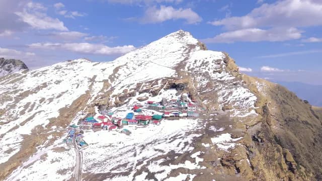 Snow Covered Aerial View of Tungnath Temple in Chopta Uttarakhand
