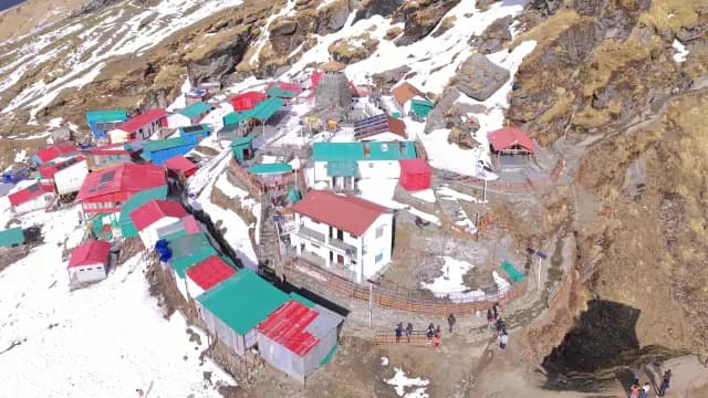 Aerial View of Snow-Covered Tungnath Temple, Chopta, Uttarakhand