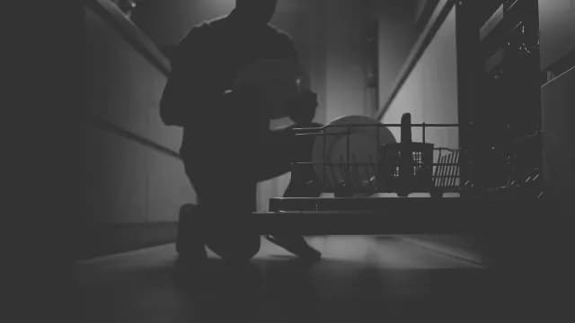 Cinematic Silhouette of Man Loading Dishwasher in Moody Kitchen Setting