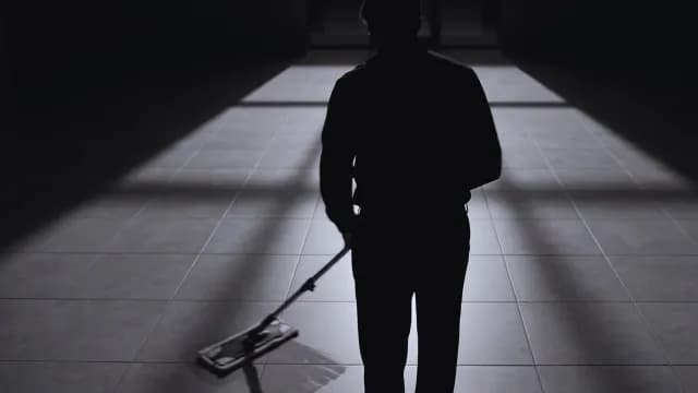Silhouette of Janitor Mopping Tiled Floor in Dark Dramatic Hallway