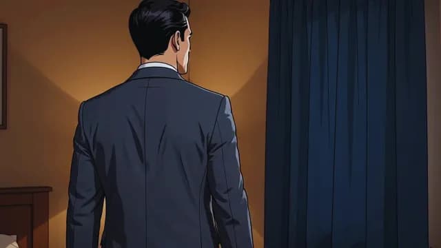 Animated Man in a Professional Suit Looking Towards a Dark Curtain