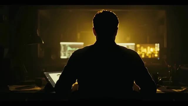 Silhouette of Tech Professional Working Late with Multiple Data Screens