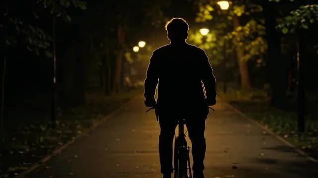 Cinematic Silhouette of a Man Cycling Through a Darkened City Park