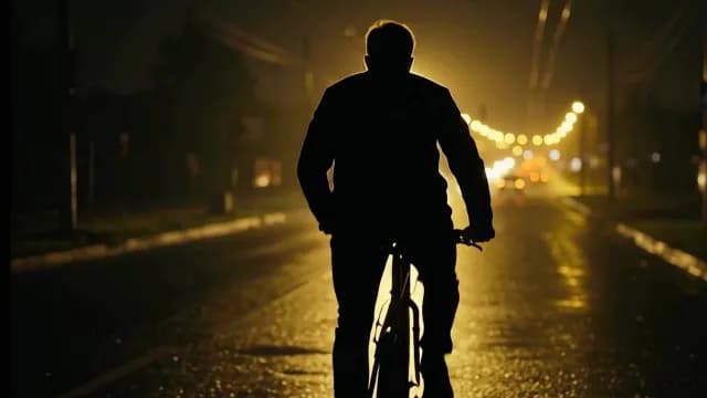 Cinematic Silhouette of a Man Cycling Down a Wet Night Street