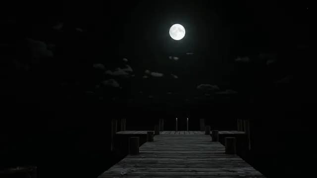 Serene Night View of Wooden Dock Under Bright Full Moon