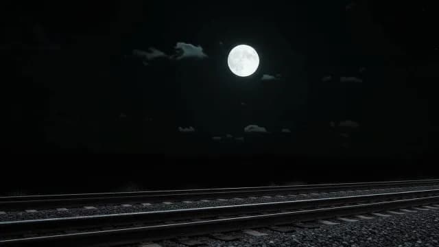 Cinematic Railway Tracks Illuminated by Full Moon in Night Sky