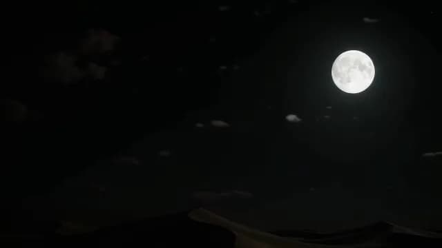 Full Moon Shining Over Dark Desert Dunes at Night