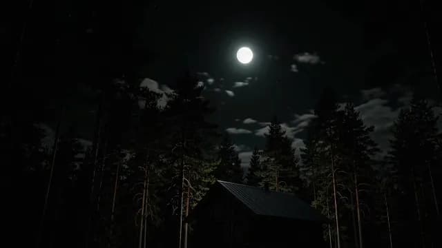 Wooden Cabin in Pine Forest Under Bright Full Moon at Night