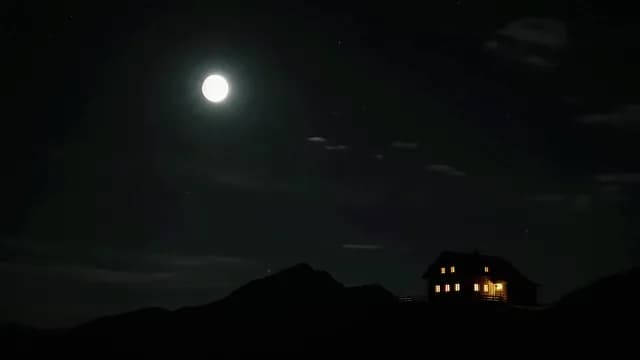 Full Moon Shining Over a Remote Mountain Cabin at Night