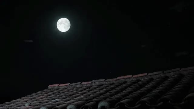 Bright Full Moon Glowing Over Dark Tiled Roof at Night