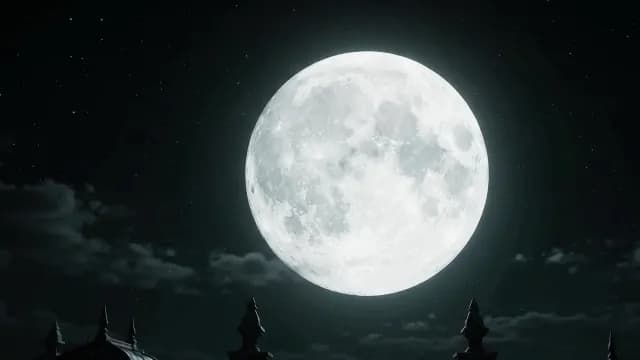 Bright Full Moon Shining Over Dark Gothic Rooftops at Night